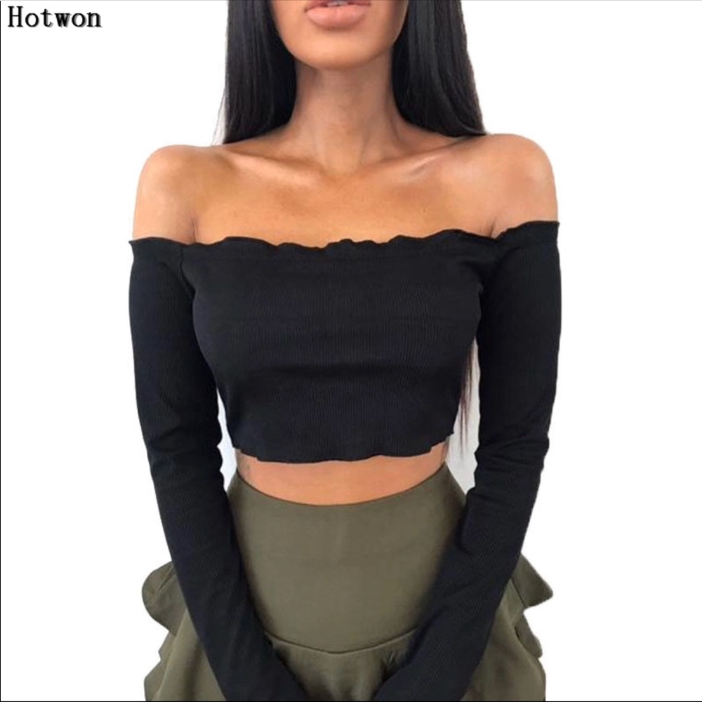 Black long sleeve off the shoulder crop top!